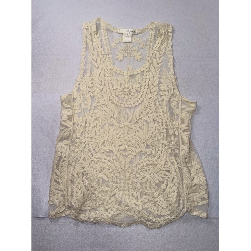 Say What Small White Crochet Lace Boho Tank Top Cotton Mesh Swim Cover Fairy